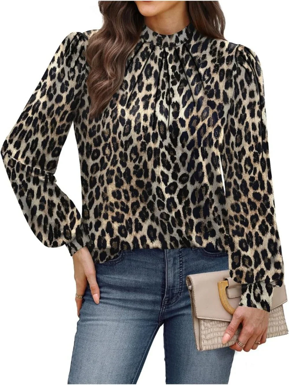 Women's Black Beige Long Sleeve Shirt Pleated Front Blouses Dressy Mock Neck Top